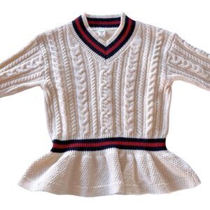 Varsity Cable Knit Ruffle Hem Sweater